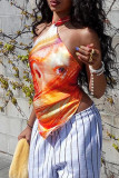 Orange Sexy Print Backless Patchwork Halter Tops