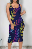 White Green Street Print Patchwork U Neck Wrapped Skirt Dresses