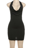 Black Street Solid Color Backless Patchwork V Neck Wrapped Skirt Dresses