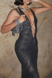 Black Sexy Solid Color Hollow Out Patchwork Halter Long Dresses