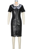Black Street Solid Color Slit Zipper Patchwork Zipper Collar Wrapped Skirt Dresses