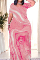 Pink Casual Print Patchwork O Neck Long Dresses