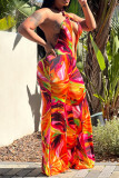 Tangerine Red Casual Print Hollow Out Patchwork Halter Regular Jumpsuits