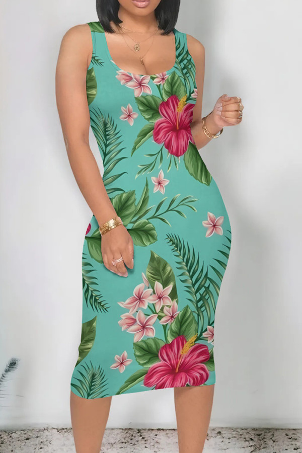 Turquoise Street Print Patchwork U Neck Wrapped Skirt Dresses