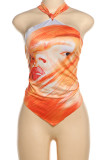 Orange Sexy Print Backless Patchwork Halter Tops