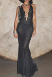 Black Sexy Solid Color Hollow Out Patchwork Halter Long Dresses