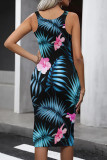 White Green Street Print Patchwork U Neck Wrapped Skirt Dresses