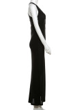 Black Sexy Solid Color Hollow Out Patchwork Halter Long Dresses