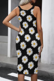 Turquoise Street Print Patchwork U Neck Wrapped Skirt Dresses