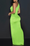 Rose Red Street Solid Color Ruched Patchwork Oblique Collar Long Dresses