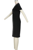 Black Street Solid Color Slit Zipper Patchwork Zipper Collar Wrapped Skirt Dresses