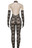 Black Sexy Solid Color Lace Patchwork O Neck Skinny Jumpsuits