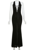Black Sexy Solid Color Hollow Out Patchwork Halter Long Dresses