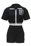 Black Casual Letter Print Zipper Patchwork Zipper Collar Short Sleeve Two Pieces