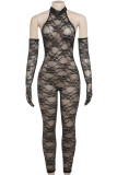 Black Sexy Solid Color Lace Patchwork O Neck Skinny Jumpsuits