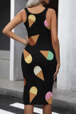 Black Street Print Patchwork U Neck Wrapped Skirt Dresses