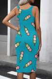 Green Street Print Patchwork U Neck Wrapped Skirt Dresses