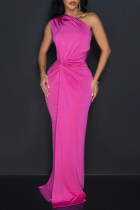 Rose Red Street Solid Color Ruched Patchwork Oblique Collar Long Dresses