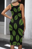 White Green Street Print Patchwork U Neck Wrapped Skirt Dresses