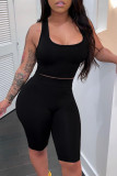 Black Fashion Casual Solid Basic U Neck Sleeveless Two Pieces