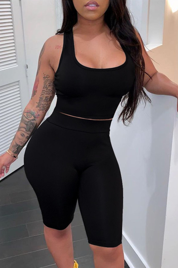 Black Fashion Casual Solid Basic U Neck Sleeveless Two Pieces
