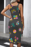 White Green Street Print Patchwork U Neck Wrapped Skirt Dresses