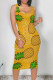 Yellow Street Print Patchwork U Neck Wrapped Skirt Dresses