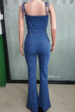 The cowboy blue Street Solid Color Lace Up Slit Patchwork Spaghetti Strap Regular Jumpsuits