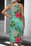 Turquoise Street Print Patchwork U Neck Wrapped Skirt Dresses
