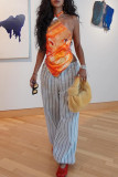 Orange Sexy Print Backless Patchwork Halter Tops