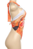 Orange Sexy Print Backless Patchwork Halter Tops