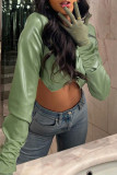Green Sexy Solid Color Buttons Patchwork V Neck Outerwear