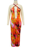 Tangerine Red Casual Print Hollow Out Patchwork Halter Regular Jumpsuits