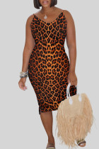 Orange Street Leopard Print Slit Patchwork Spaghetti Strap Wrapped Skirt Dresses