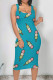 Blue Street Print Patchwork U Neck Wrapped Skirt Dresses