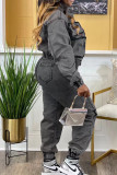Dark Gray Casual Solid Patchwork Pocket Buttons Zipper Turndown Collar Long Sleeve Two Pieces