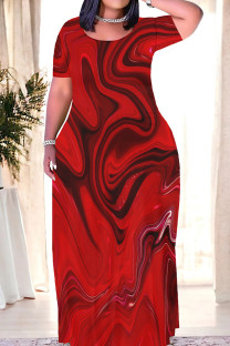 Red Casual Print Patchwork O Neck Long Dresses