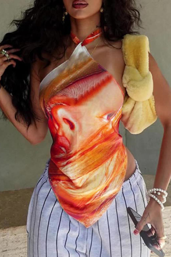 Orange Sexy Print Backless Patchwork Halter Tops