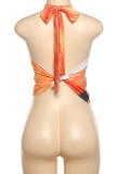 Orange Sexy Print Backless Patchwork Halter Tops