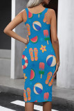 Turquoise Street Print Patchwork U Neck Wrapped Skirt Dresses
