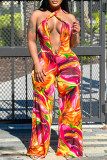 Tangerine Red Casual Print Hollow Out Patchwork Halter Regular Jumpsuits