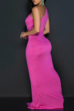 Rose Red Street Solid Color Ruched Patchwork Oblique Collar Long Dresses
