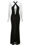 Black Sexy Solid Color Hollow Out Patchwork Halter Long Dresses