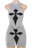Grey Street Geometric Print Patchwork Turtleneck Sleeveless Two Pieces