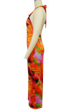 Tangerine Red Casual Print Hollow Out Patchwork Halter Regular Jumpsuits