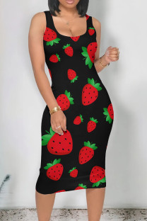 Red Street Print Patchwork U Neck Wrapped Skirt Dresses
