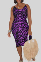 Purple Street Leopard Print Slit Patchwork Spaghetti Strap Wrapped Skirt Dresses