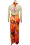 Tangerine Red Casual Print Hollow Out Patchwork Halter Regular Jumpsuits