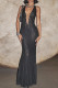 Black Sexy Solid Color Hollow Out Patchwork Halter Long Dresses