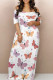 White Orange Casual Butterfly Print Patchwork Off Shoulder Long Dresses